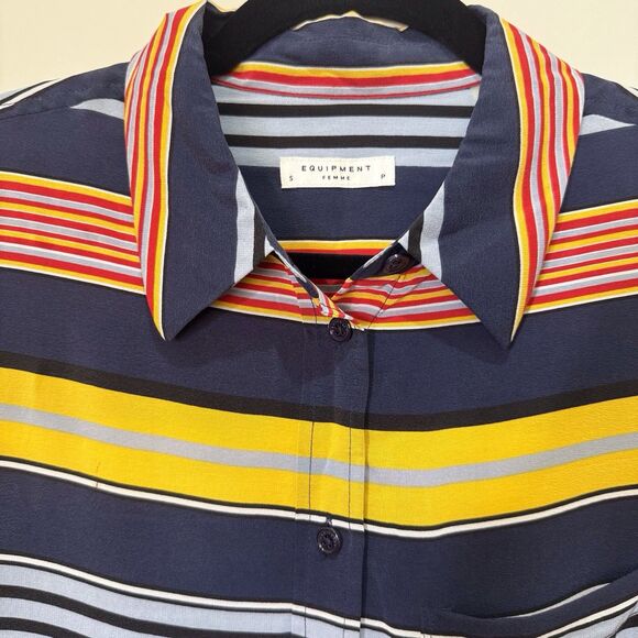 Equipment Femme Shirt Womens Small Navy Blue Striped 100% Silk Button‎ Up Top - Picture 7 of 15